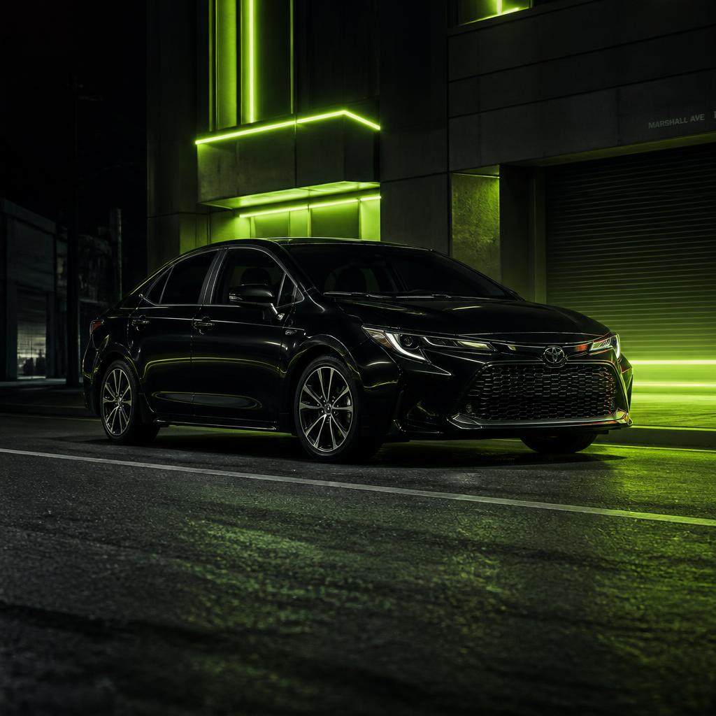 Sedan preto moderno em rua urbana noturna com iluminação verde lima