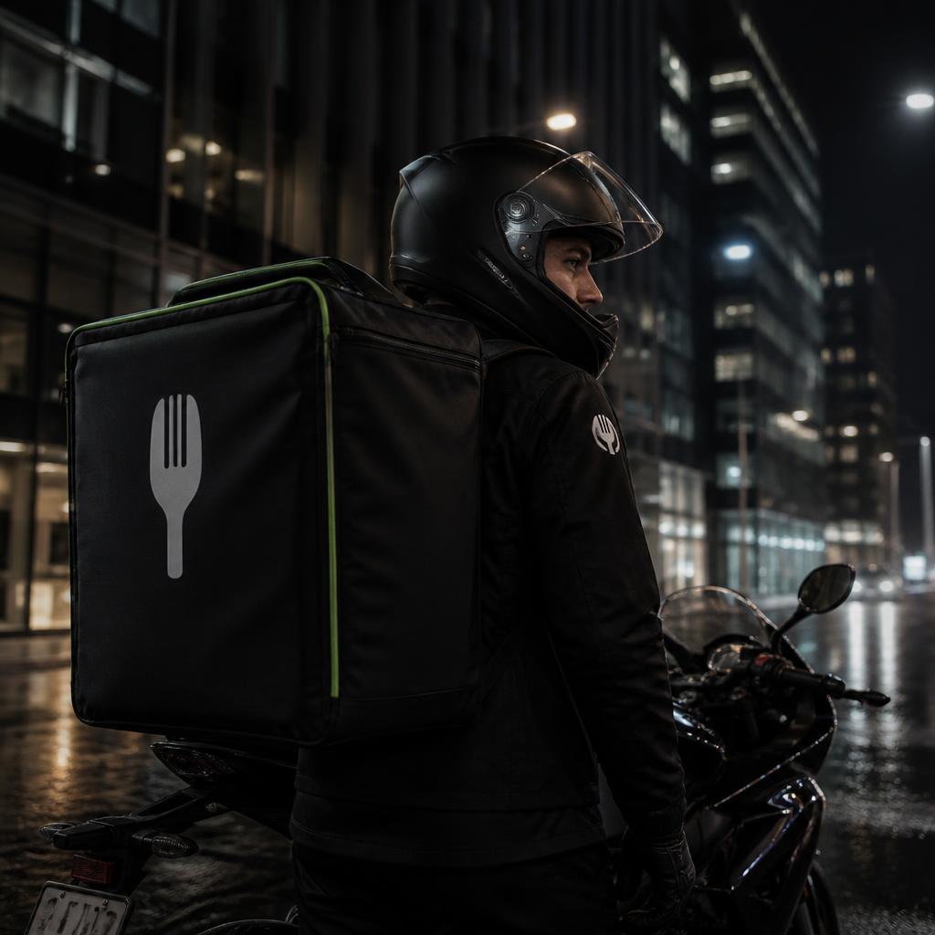 Entregador profissional com mochila em motocicleta em cidade noturna