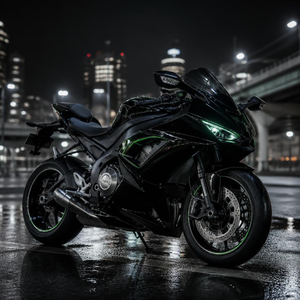 Motocicleta esportiva preta com detalhes verde neon em cidade noturna